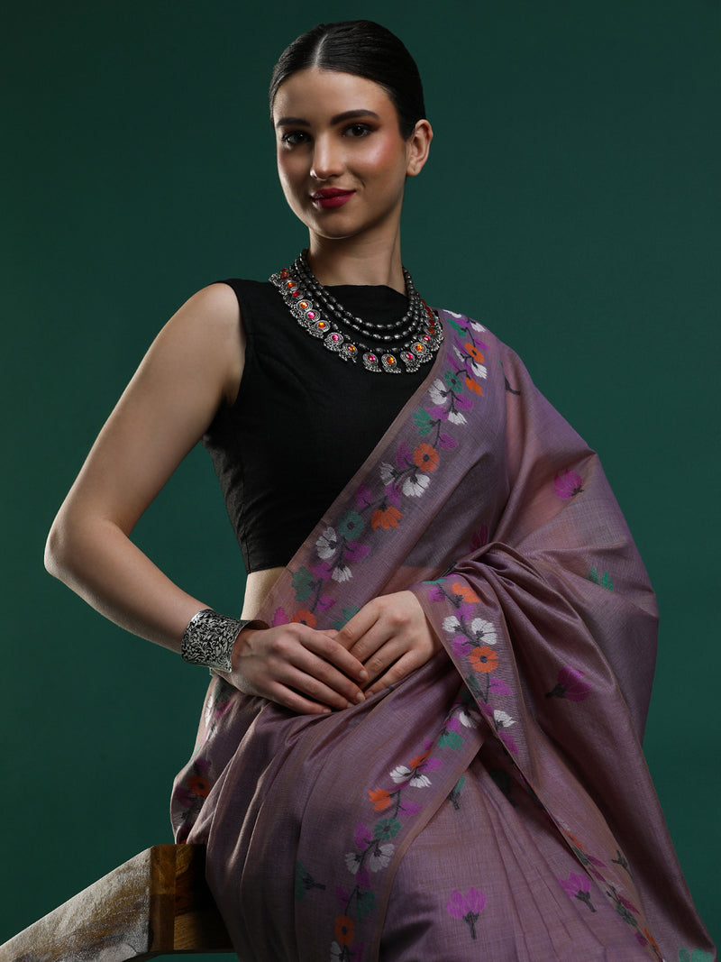 Sarha Floral Motifs Woven Design Muga Saree in Lavender
