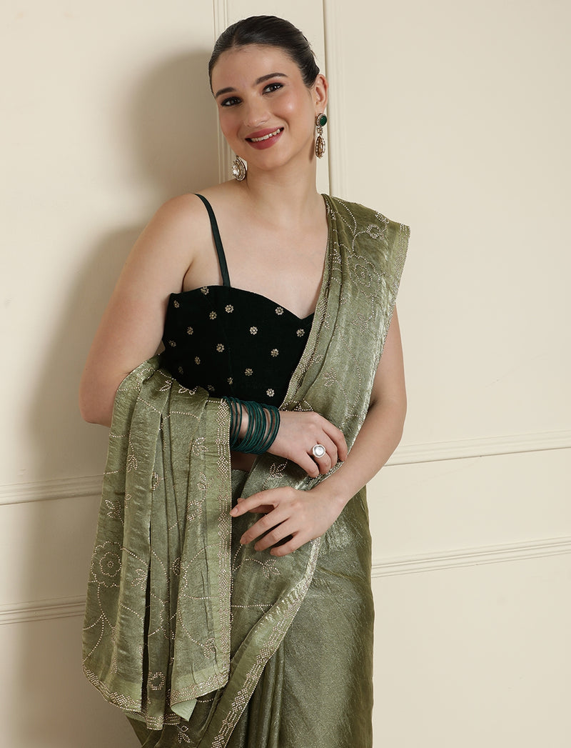 Embellished Saree With Unstitched Blouse in Green