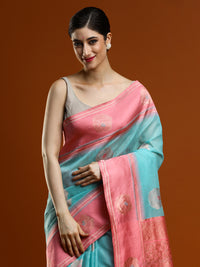Sarha Ethnic Motifs Woven Muga Saree in Light Blue