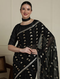 Geometric Embellished Sequinned Saree With Blouse in Black