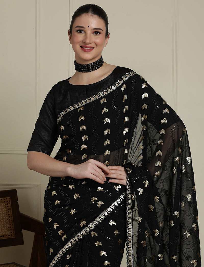 Geometric Embellished Sequinned Saree With Blouse in Black