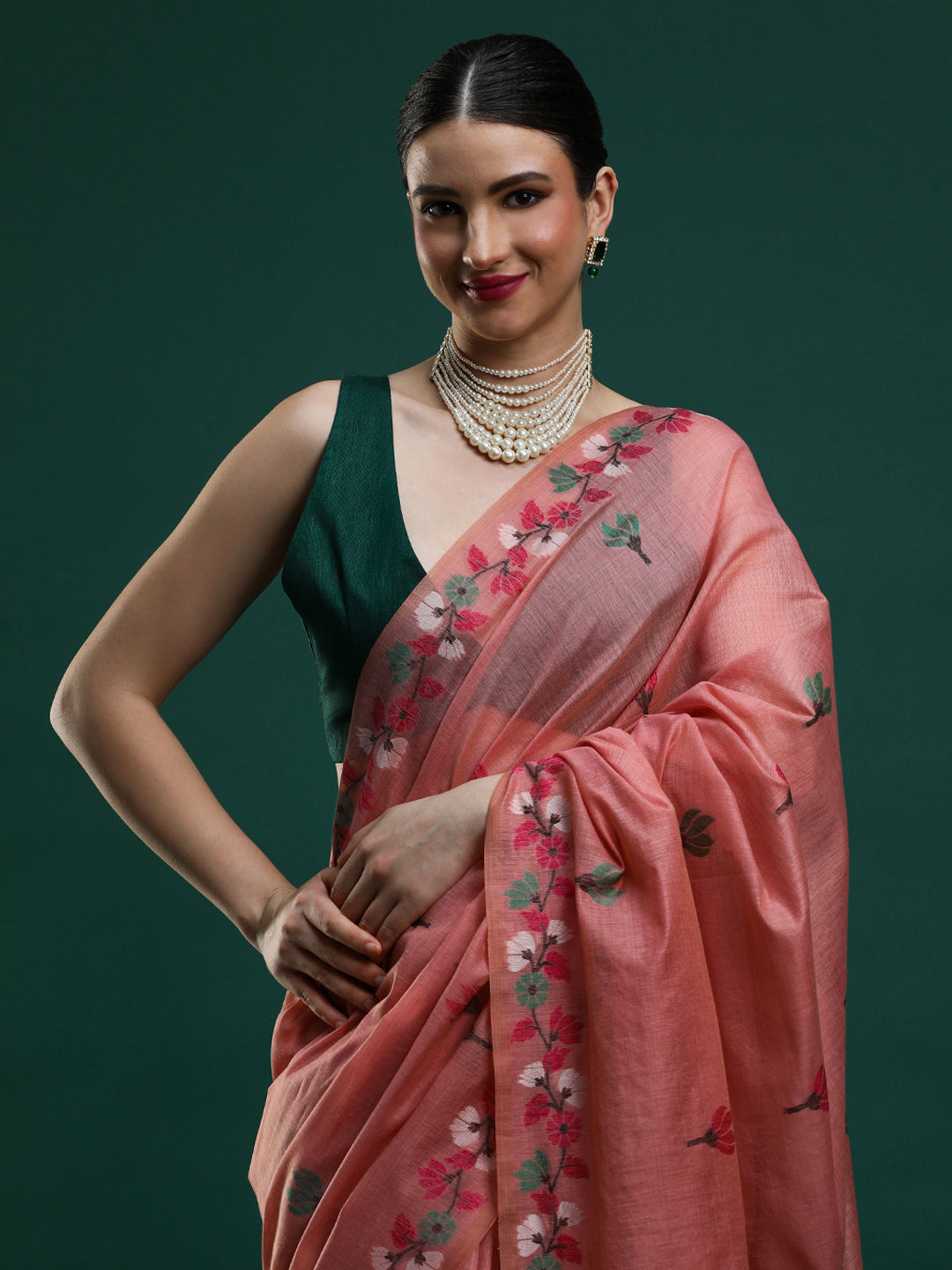 Sarha Floral Woven Design Zari Muga Saree in Pink
