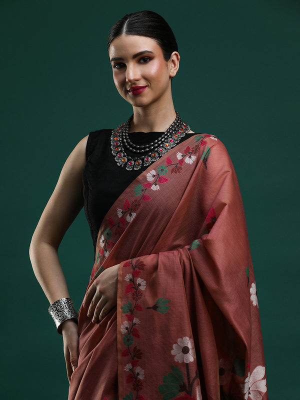 Sarha Floral Woven Design Zari Muga Saree in Rust Orange