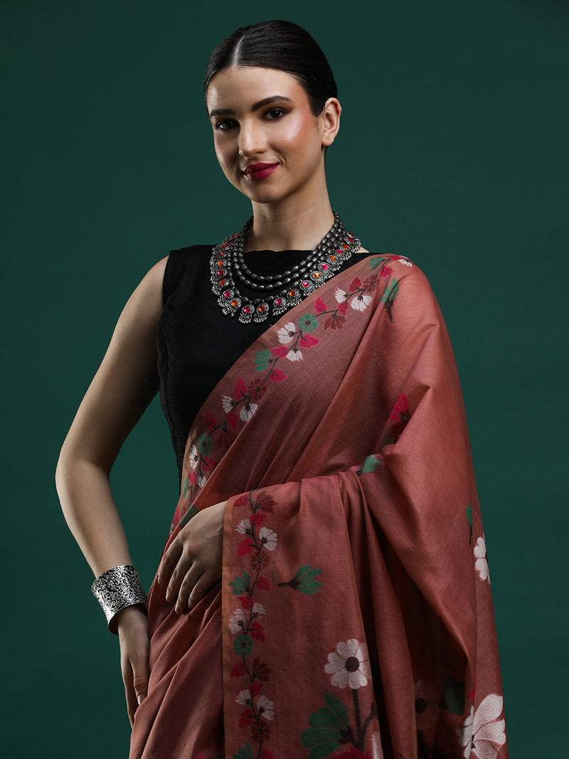 Sarha Floral Woven Design Zari Muga Saree in Rust Orange