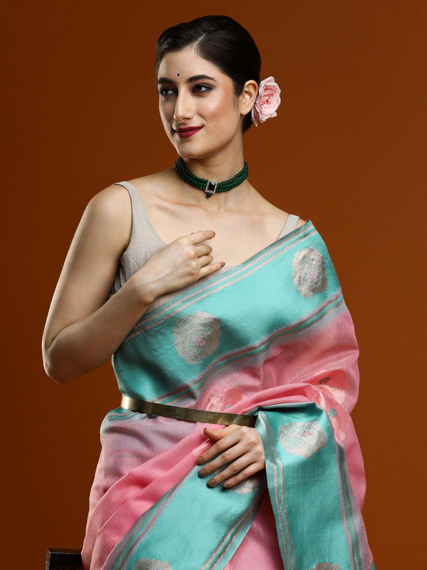 Sarha Women Floral Woven Design Muga Saree in Pink