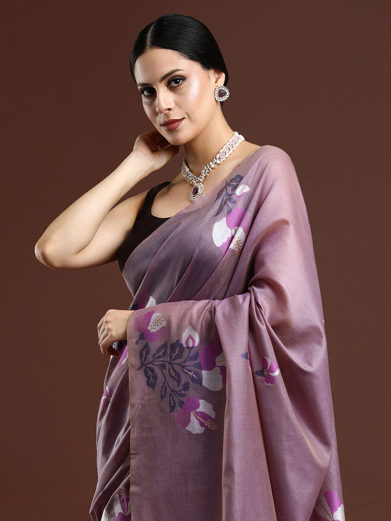 Woven Design Floral Muga Cotton Saree in Lavender