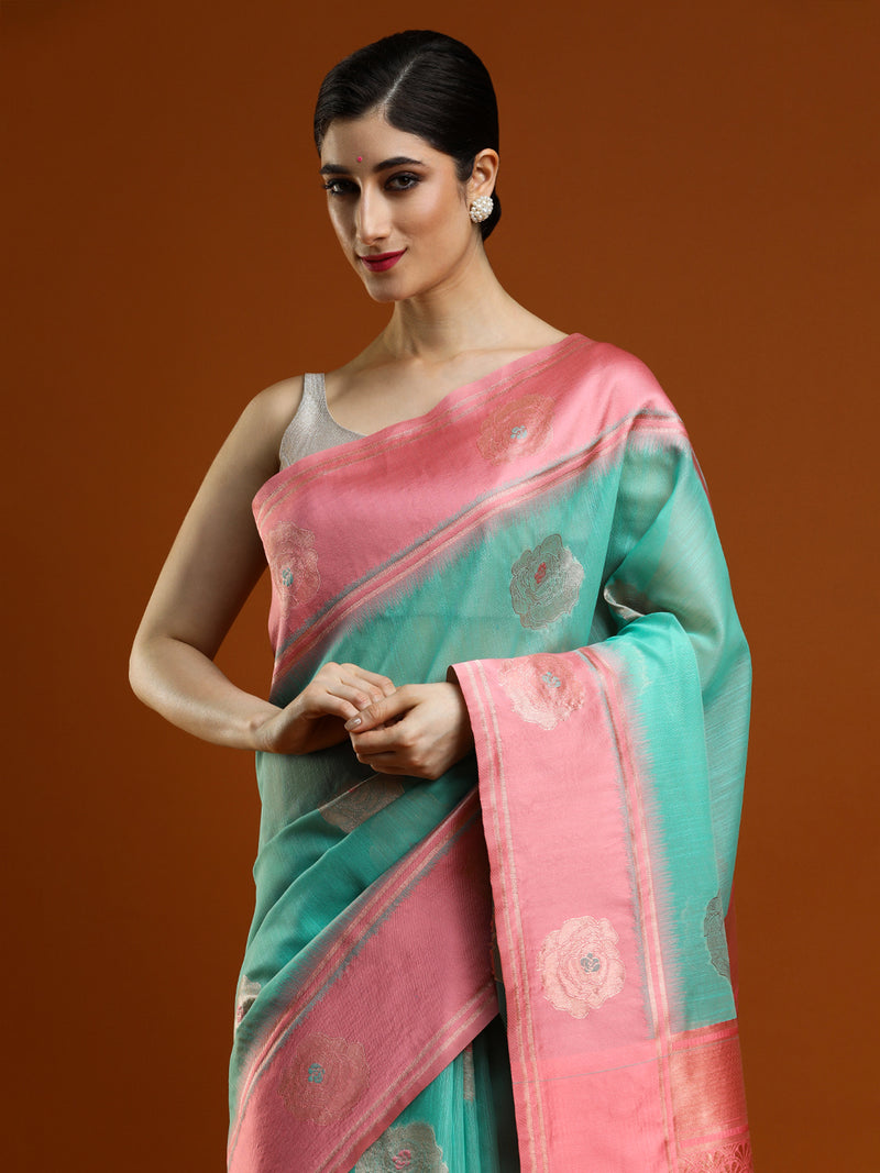Sarha Ethnic Motifs Woven Design Zari Muga Saree with Blouse Piece in Sea Green