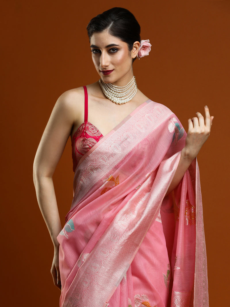 Sarha Women Floral Woven Design Zari Chanderi Saree in Pink