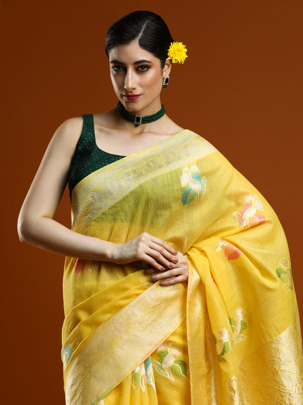 Sarha Ethnic Motifs Woven Design Zari Chanderi Saree in Yellow