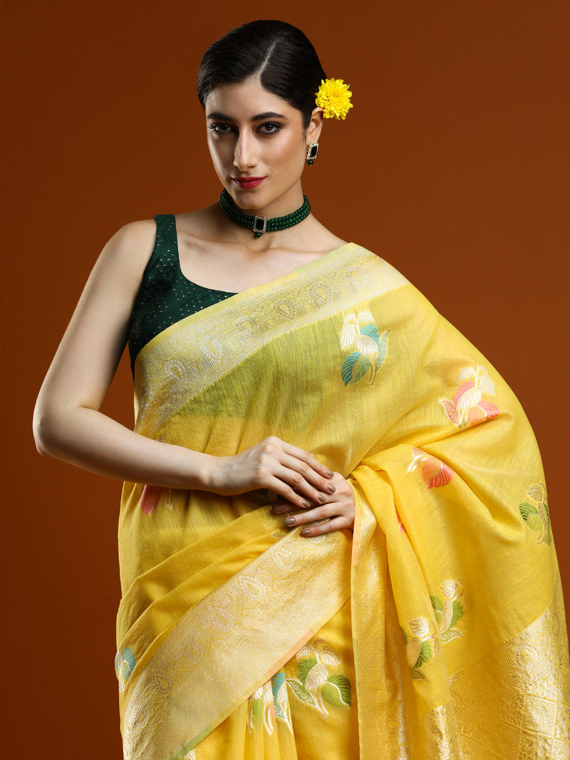 Sarha Ethnic Motifs Woven Design Zari Chanderi Saree in Yellow