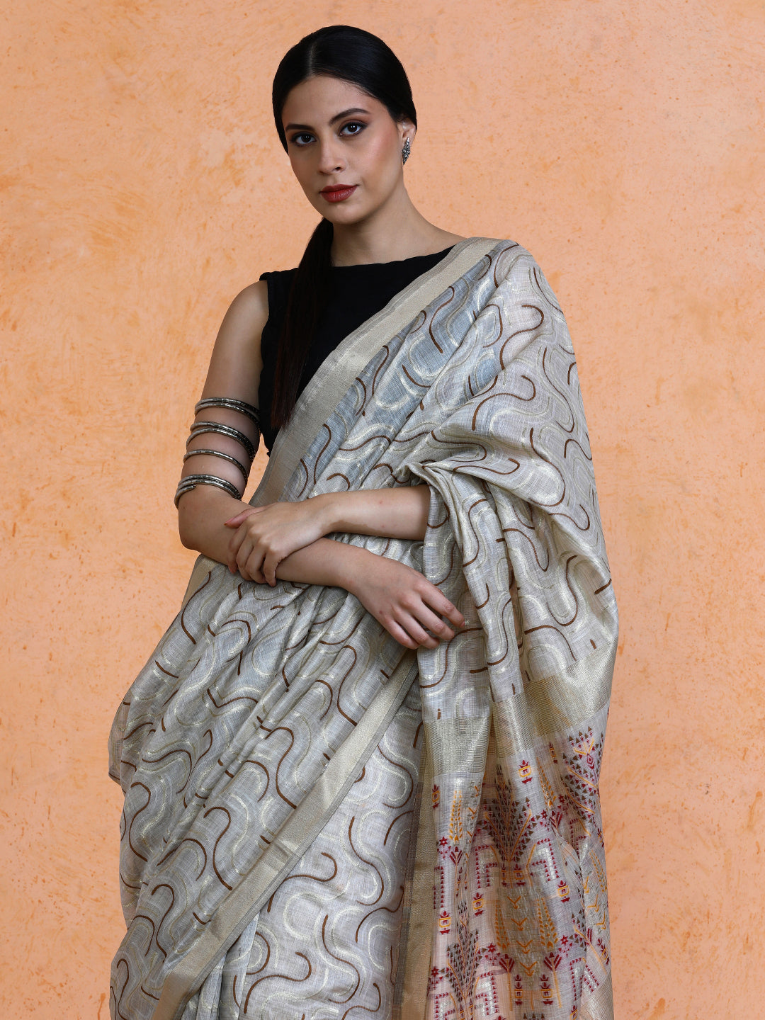 Zaika Cotton in Beige with Brown Motifs