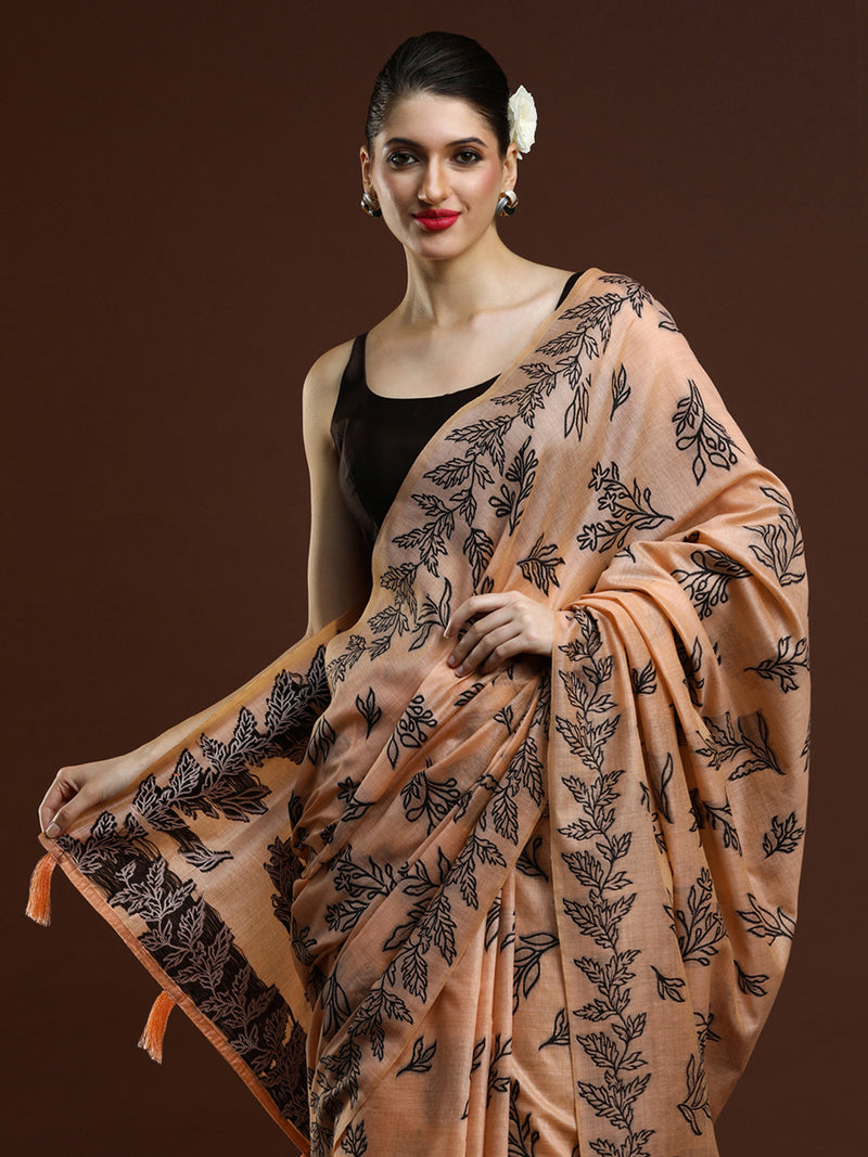 Sarha Women Floral Woven Design Zari Chanderi Saree in Skin