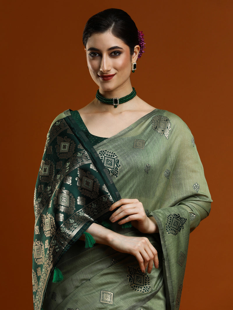 Sarha Ethnic Motifs Woven Design Saree in Olive Green