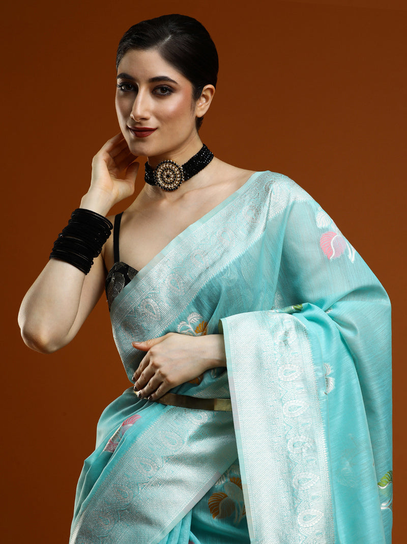 Sarha Ethnic Motifs Woven Design Chanderi Saree in Light Blue