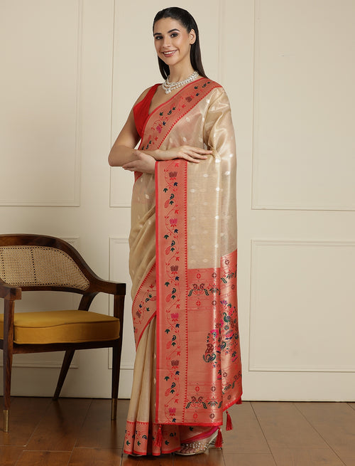 Ethnic Motifs Woven Design Paithani Sareee With Blouse Piece in Beige and Orange