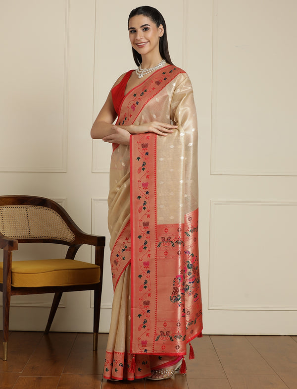 Ethnic Motifs Woven Design Paithani Sareee With Blouse Piece in Beige and Orange