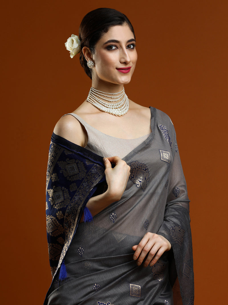 Sarha Women Ethnic Woven Design Zari Muga Saree in Grey