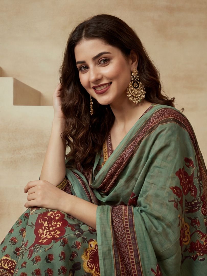 Printed V-Neck Kurta & Trousers With Dupatta