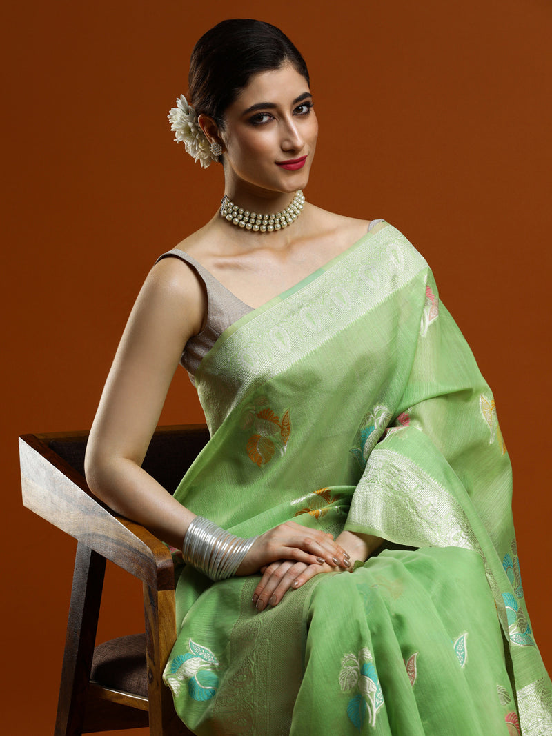 Sarha Ethnic Motifs Embroidered Zari Embroidered Chanderi Saree in Green