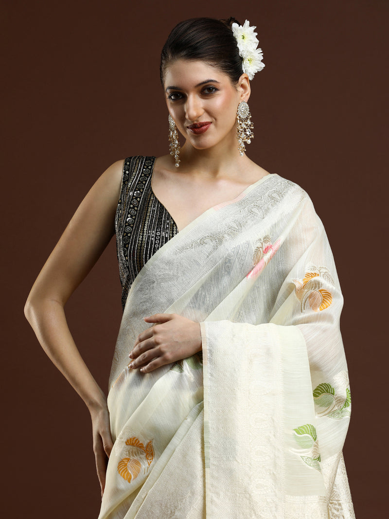 Sarha Floral Woven Design Zari Chanderi Saree in Cream
