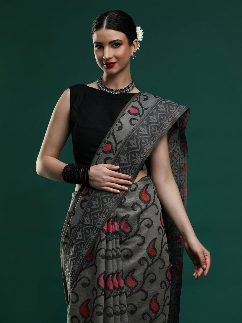 Sarha Women Ethnic Motifs Woven Design Chanderi Saree in Grey