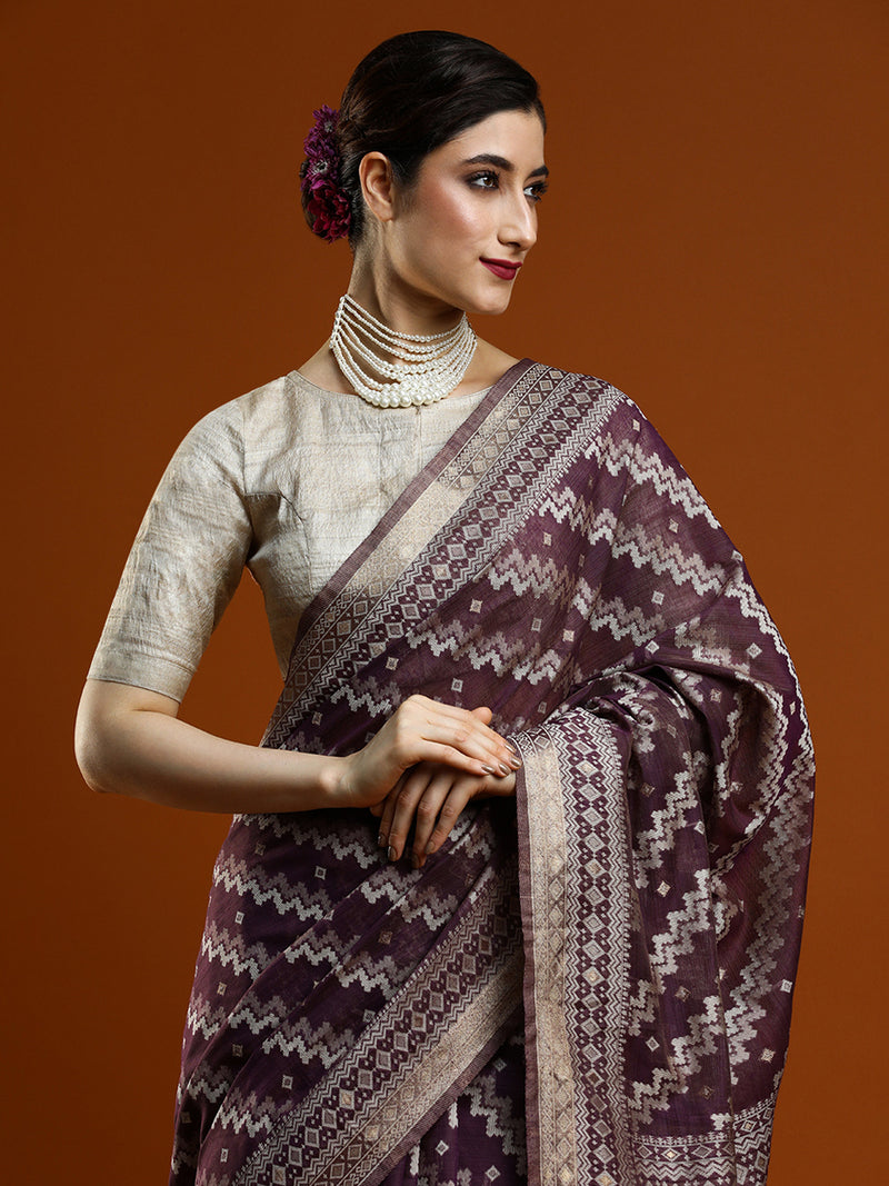 Sarha Ethnic Motifs Woven Design Zari Chanderi Saree in Wine