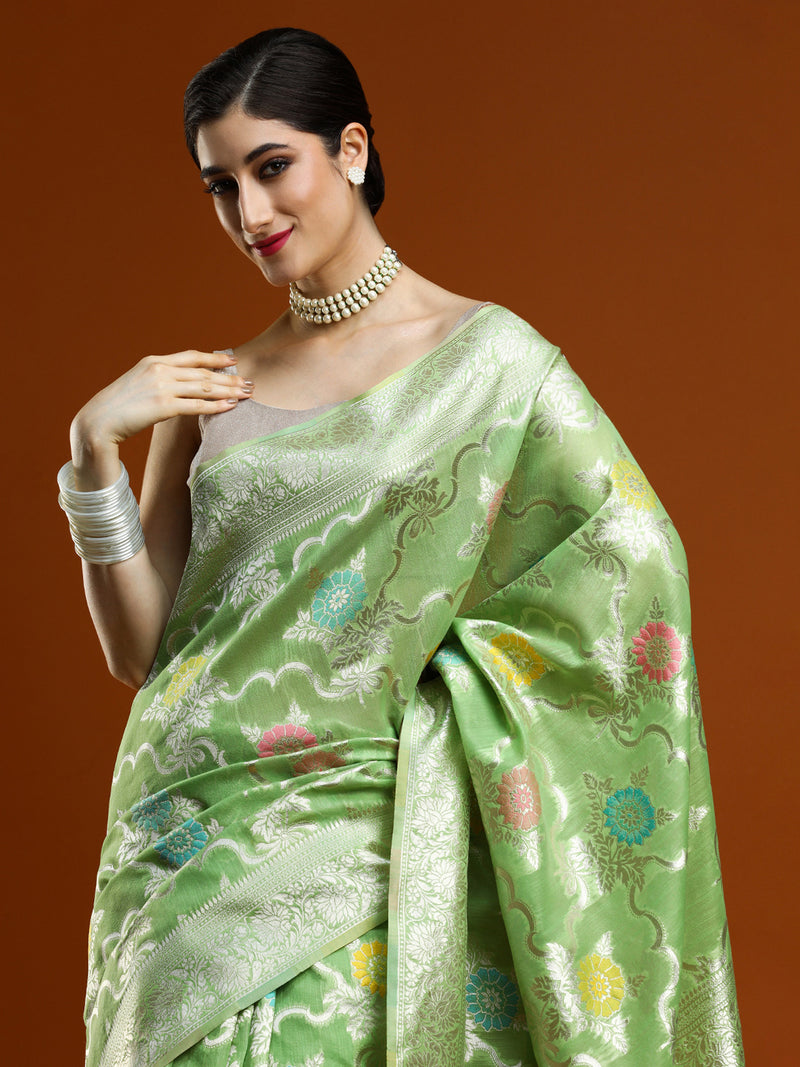 Sarha Ethnic Motifs Woven Design Zari Chanderi Saree in Green