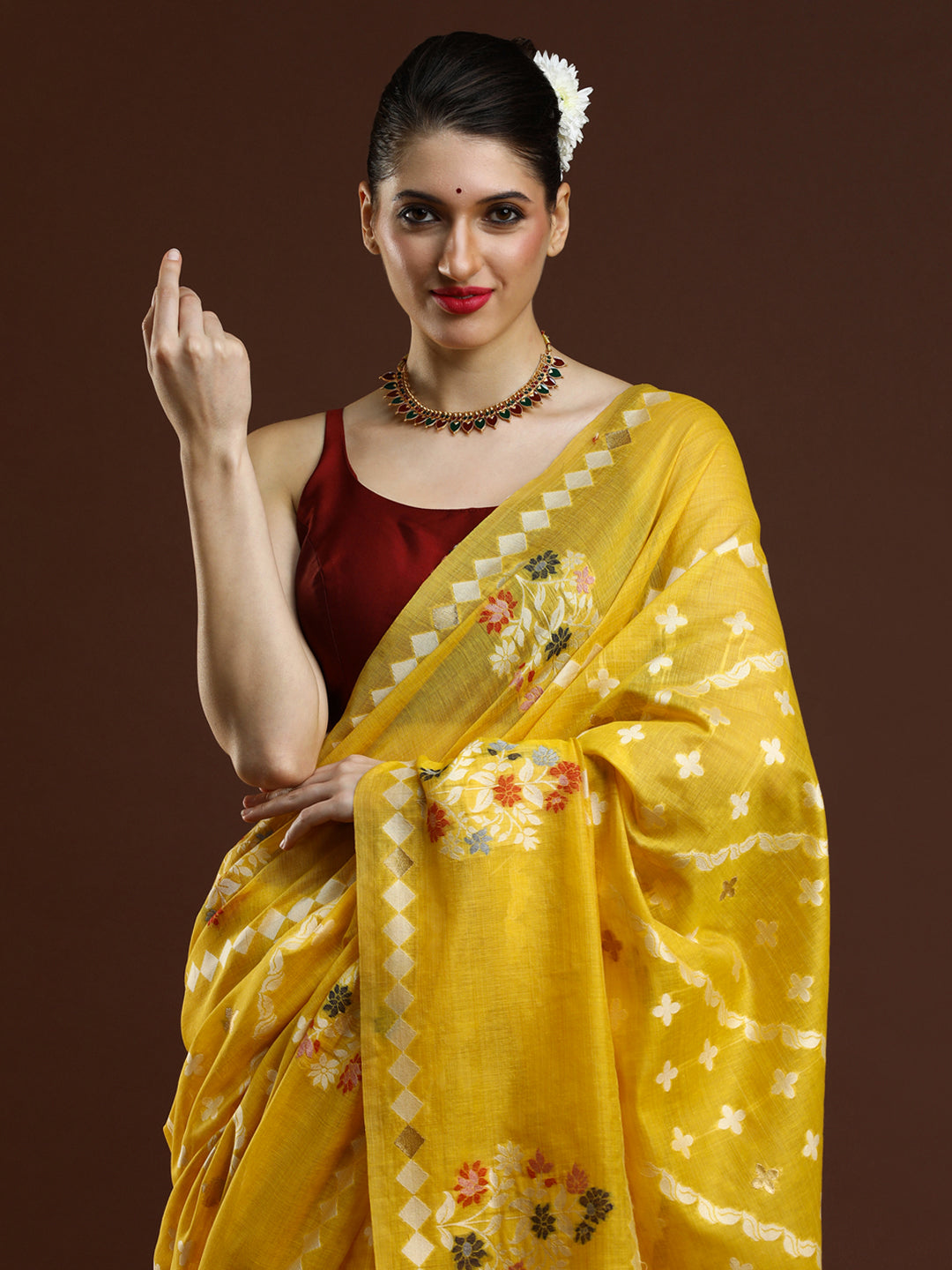 Sarha Ethnic Motifs Woven Design Zari Banarasi Saree in Yellow