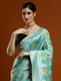 Sarha Ethnic Motifs Woven Design Zari Chanderi Saree in Sea Green