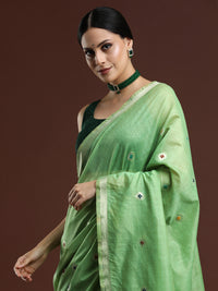 Woven Design Floral Muga Cotton Saree in Green