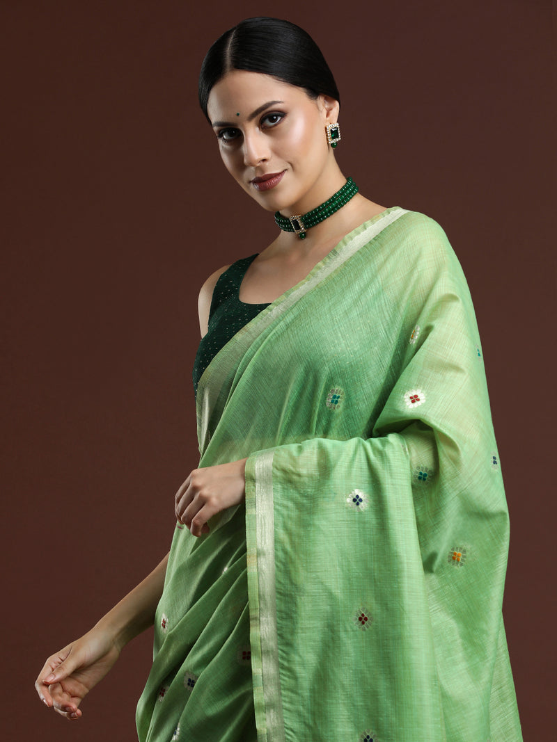 Woven Design Floral Muga Cotton Saree in Green
