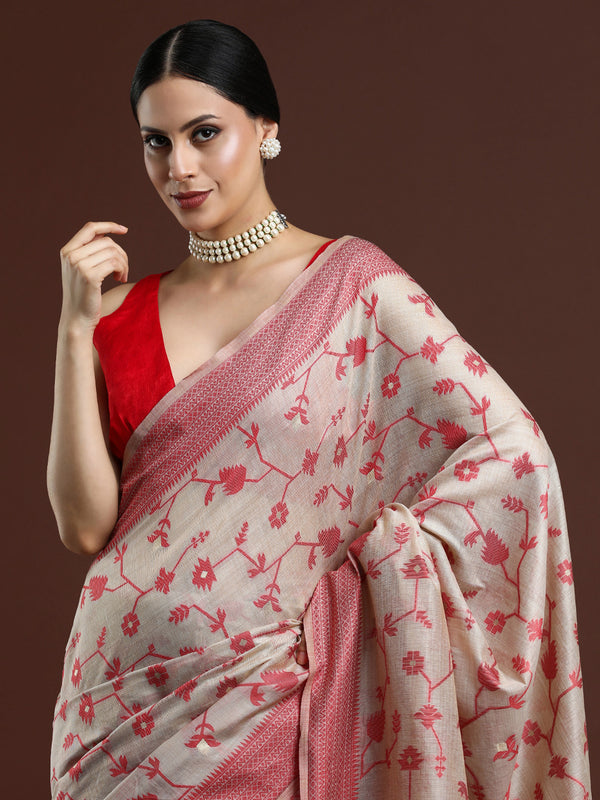 Woven Design Floral Chanderi Cotton Saree in Beige