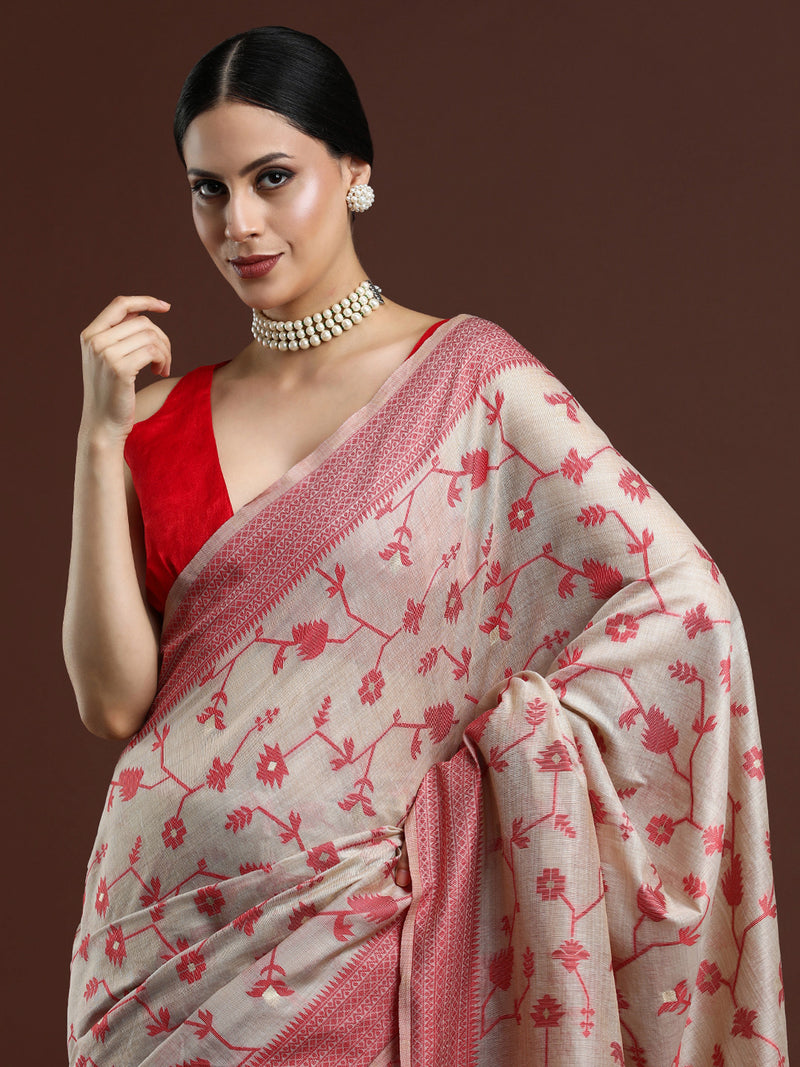 Woven Design Floral Chanderi Cotton Saree in Beige