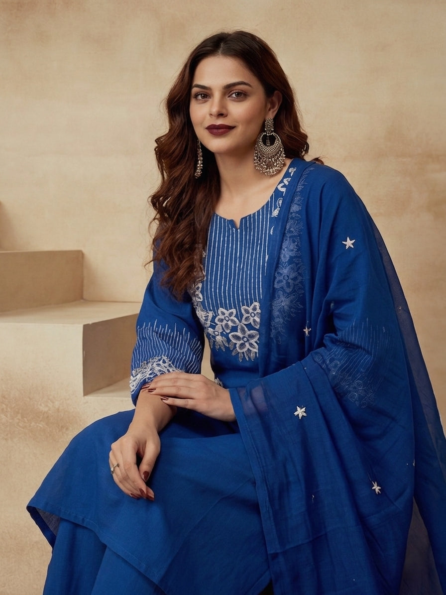 Embroidered Cotton Blend Keyhole Neck Kurta & Trousers With Dupatta