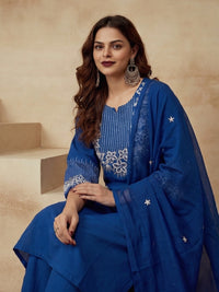 Embroidered Cotton Blend Keyhole Neck Kurta & Trousers With Dupatta