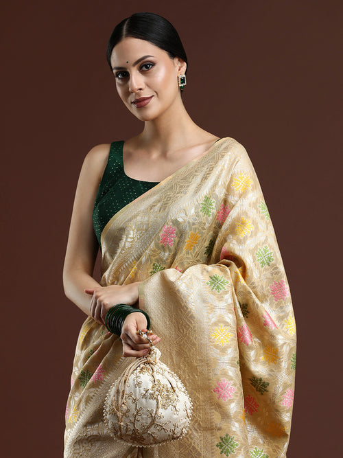 Woven Design Chanderi Cotton Saree in Beige