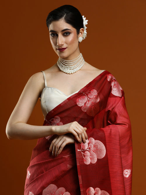 Sarha Woven Design Ethnic Motifs Muga Saree in Red