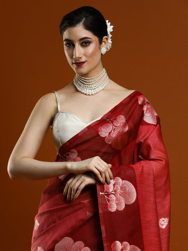 Sarha Woven Design Ethnic Motifs Muga Saree in Red