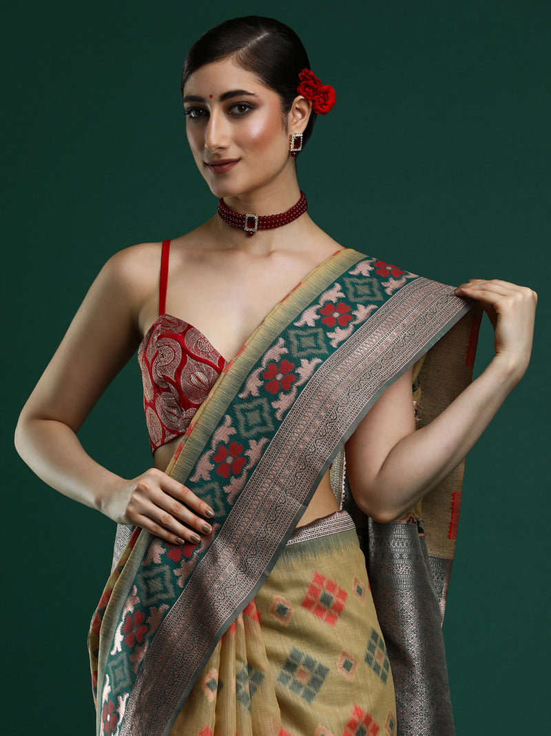 Woven Design Chanderi Cotton Saree in Dark Yellow