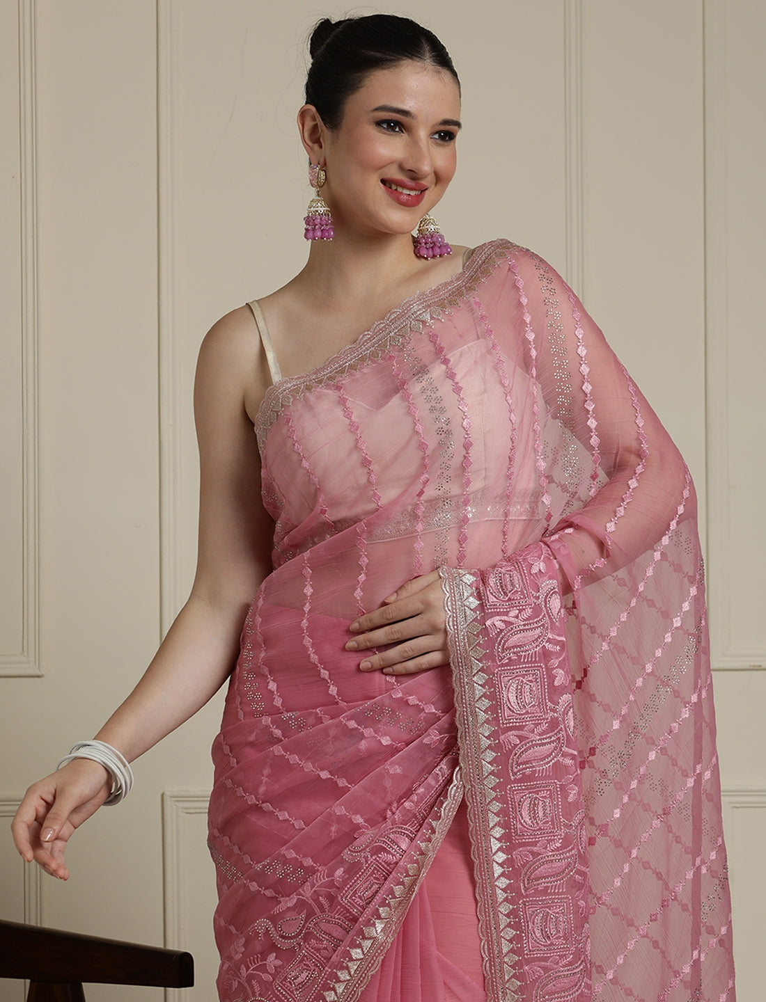 Ethnic Motif Woven Design Zari Indian Bridal Saree in Pink