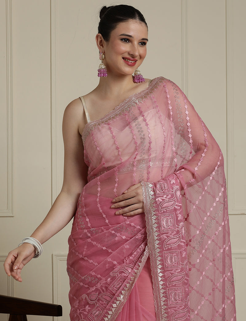 Ethnic Motif Woven Design Zari Indian Bridal Saree in Pink