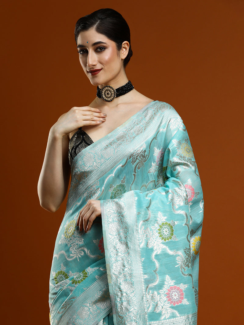Sarha Woven Design Zari Chanderi Saree in Light Blue