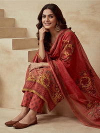 Embroidered V-Neck Kurta & Trousers With Dupatta