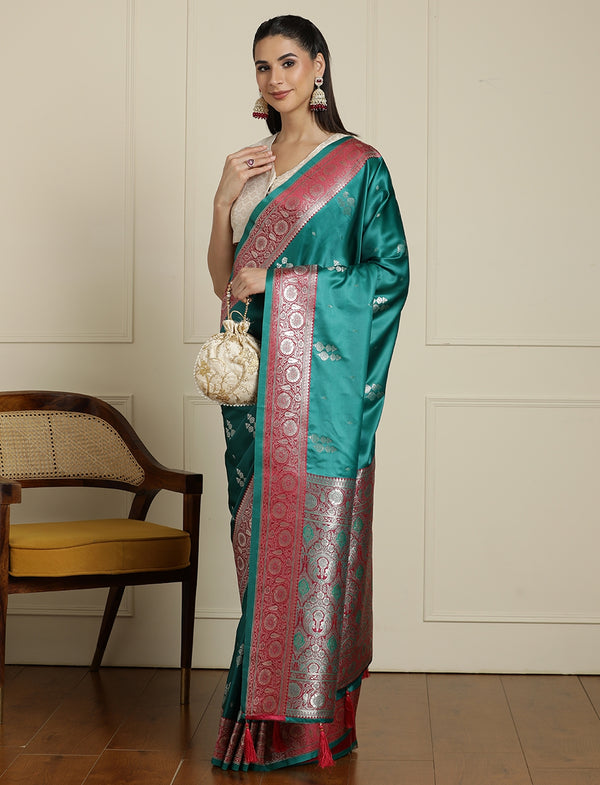 Ethnic Motifs Woven Design Banarasi Saree in Sea Green