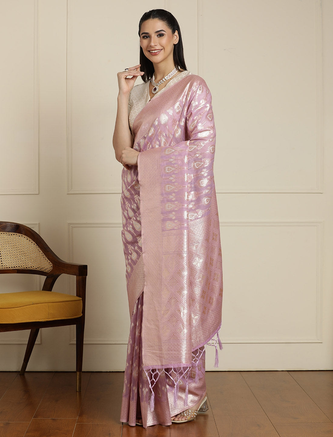 Ethnic Motifs Woven Design Muga Saree With Unstitched Blouse in Purple
