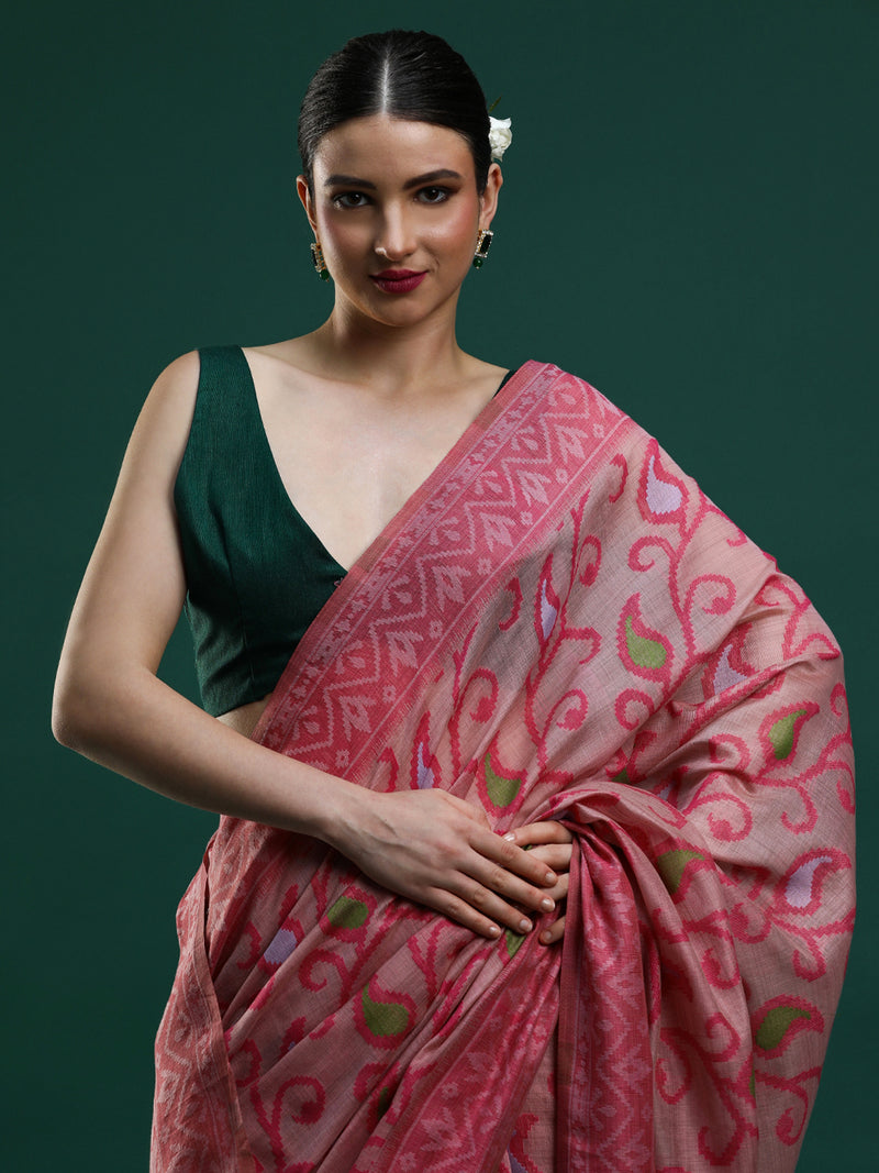 Sarha Ethnic Motifs Woven Design Zari Chanderi Saree in Pink