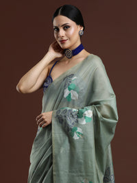 Woven Design Floral Muga Cotton Saree in Green
