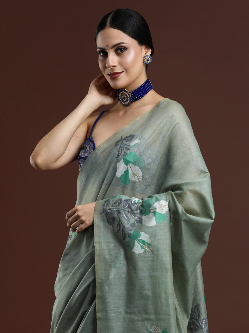 Woven Design Floral Muga Cotton Saree in Green