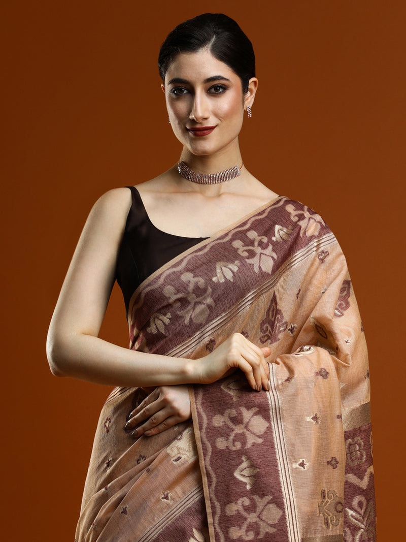 Sarha Ethnic Motifs Zari Chanderi Saree in Light Brown
