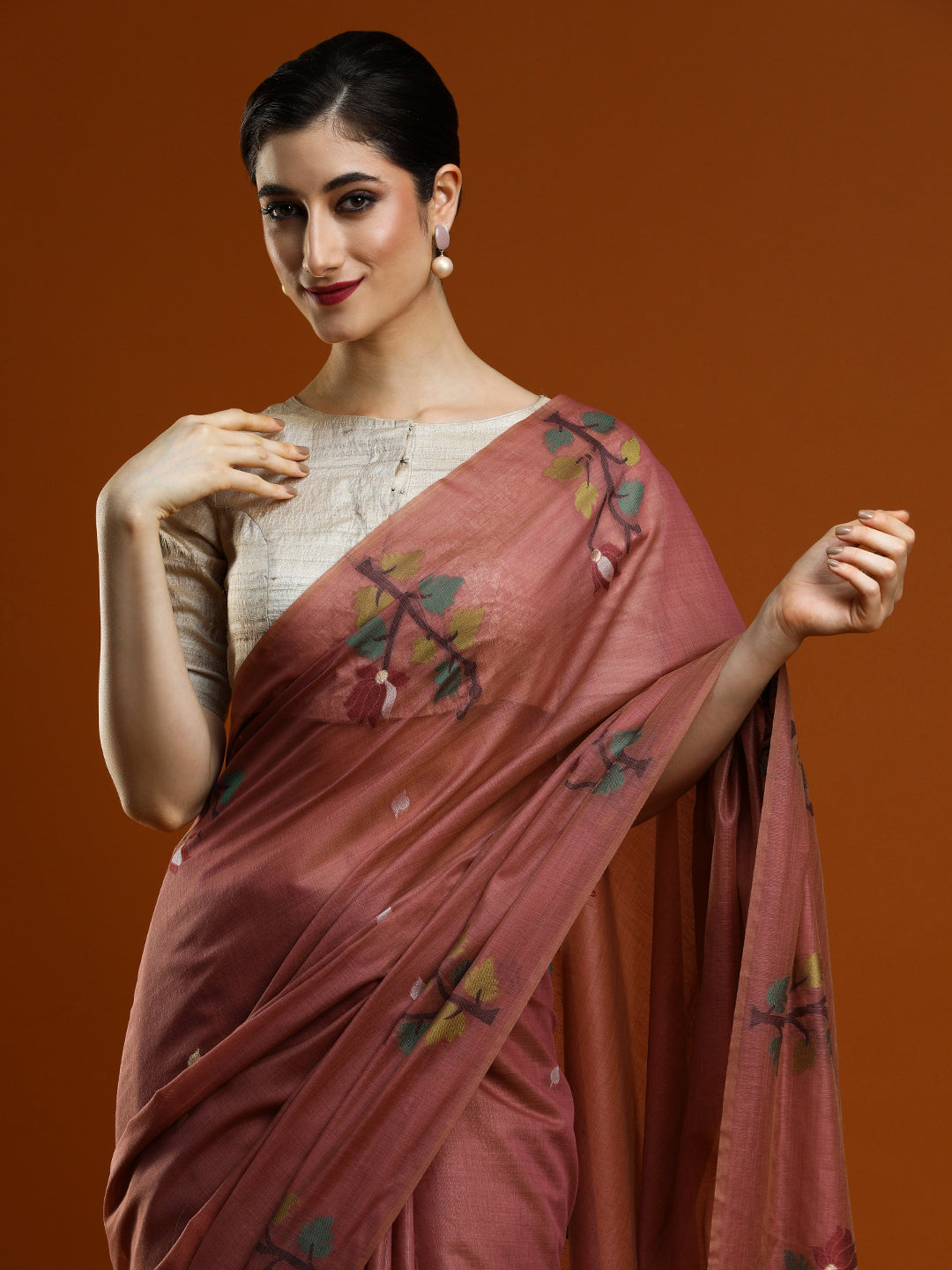 Sarha Women Floral Woven Design Zari Muga Saree in Rust Orange